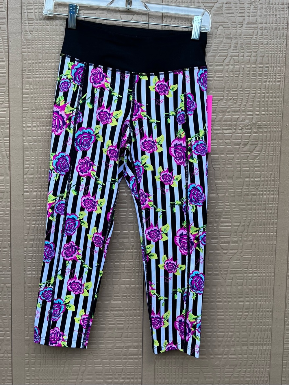 Betsey Johnson Black & Pink Floral Stripe Leggings